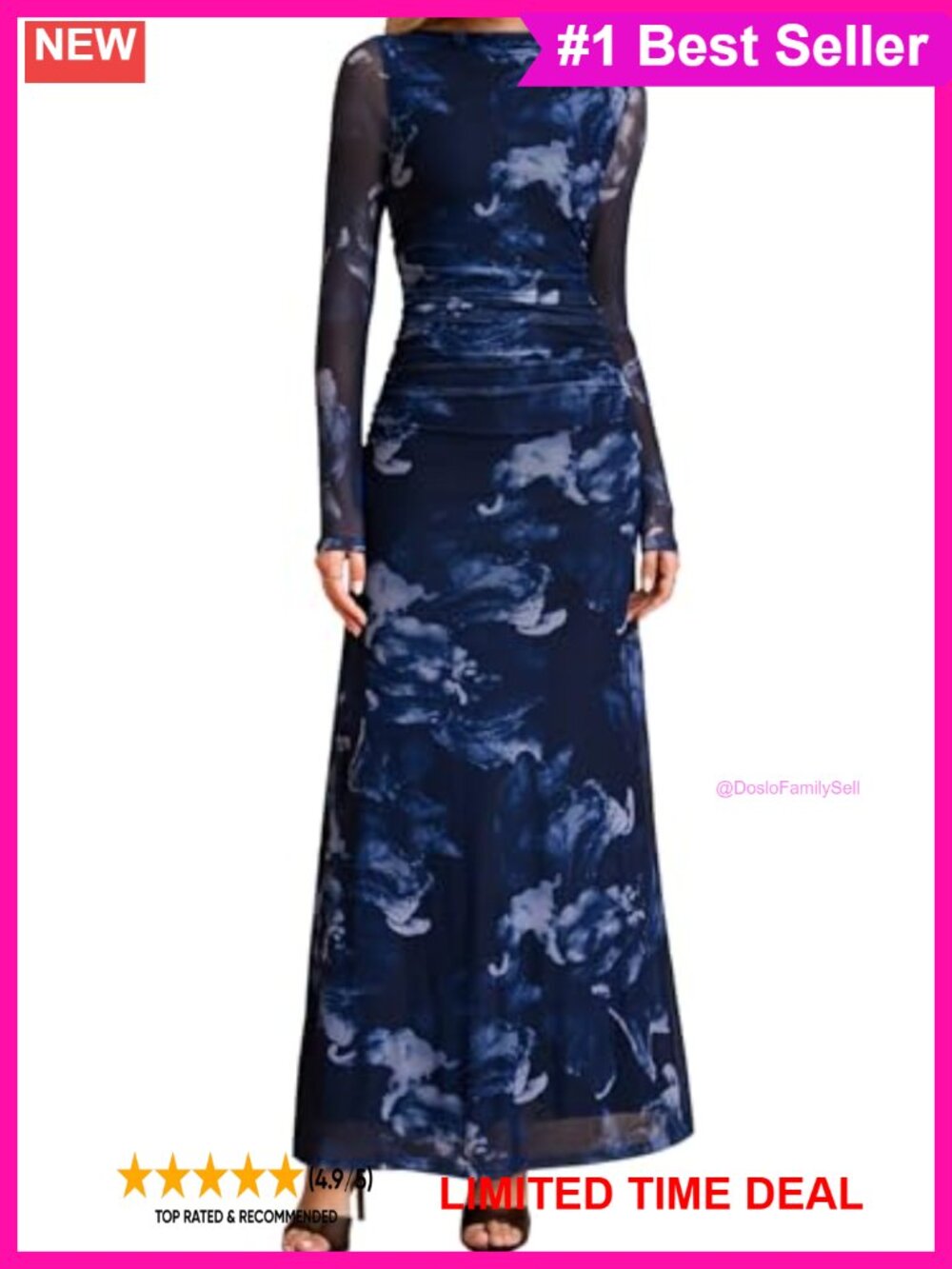 Long Sleeve Floral Maxi Dress Wedding Guest Bodycon Ruched A-Line